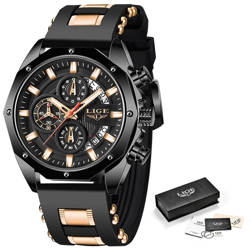 2024 LIGE New Fashion Men’s Watch – Luxury Silicone Sport Quartz Wristwatch