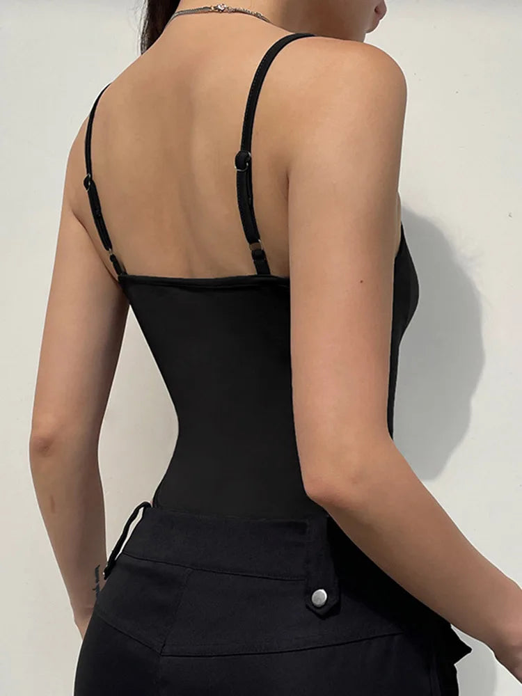 Sweetown Shirred Black Bodysuit – Sleek Summer Essential