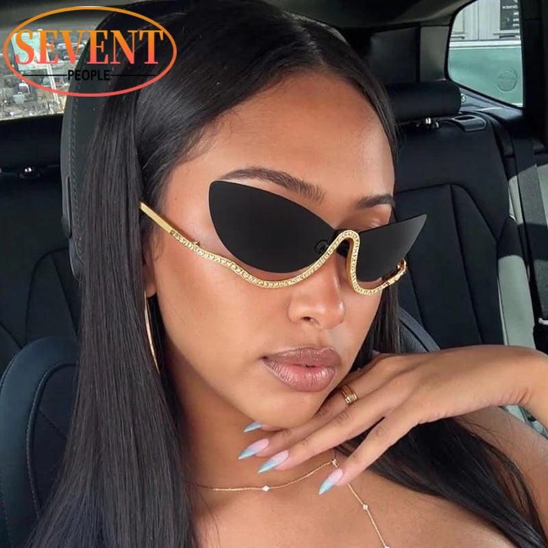 SEVENT PEOPLE Luxury Cat Eye Rhinestone Rimless Sunglasses