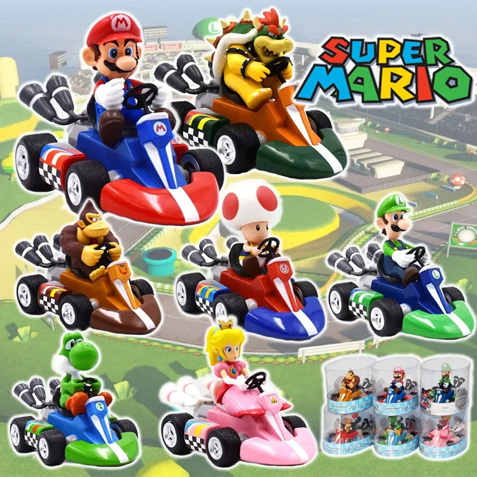 Mario Pull Back Car Anime Cartoon Mario Luigi Yoshi Princess Peach Donkey Kong Toad Bowser Koopa Kart PVC Figure fun Toys Gift