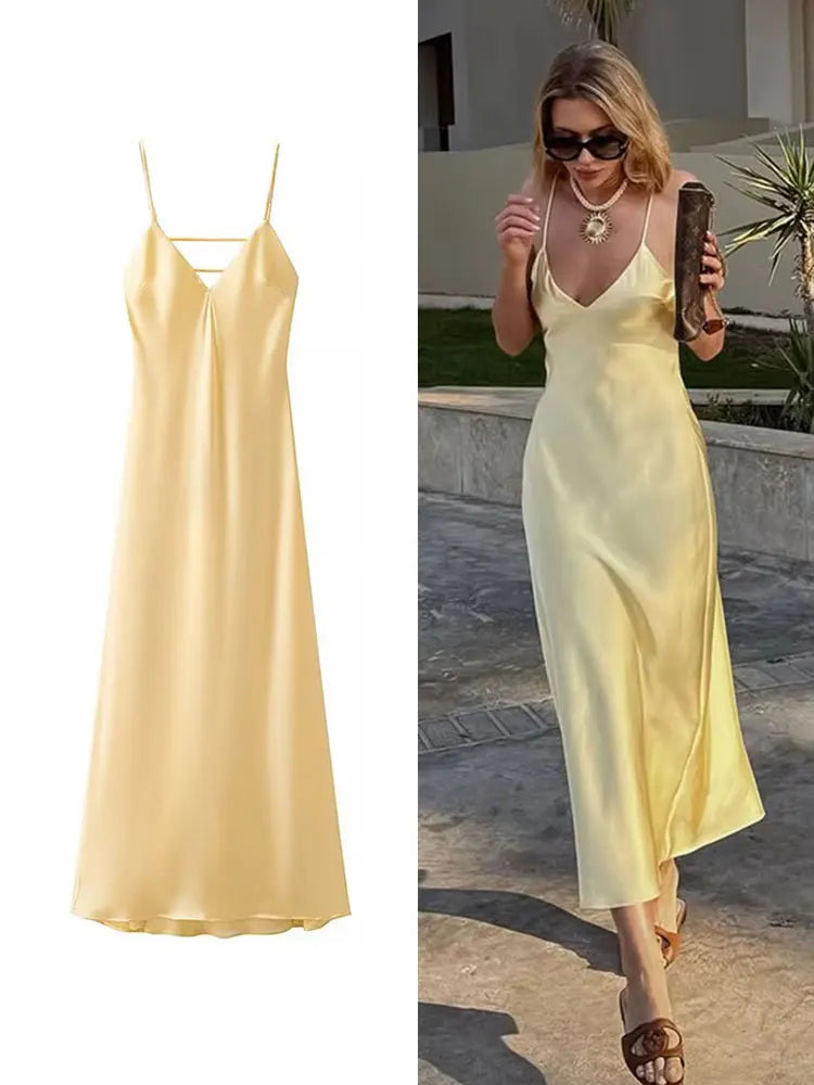 TRAFZA Summer Satin V-Neck Maxi Dress – Elegant Holiday Style