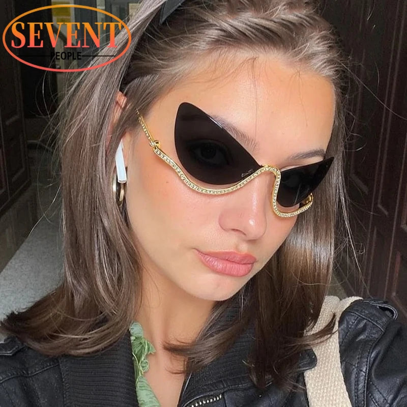 SEVENT PEOPLE Luxury Cat Eye Rhinestone Rimless Sunglasses