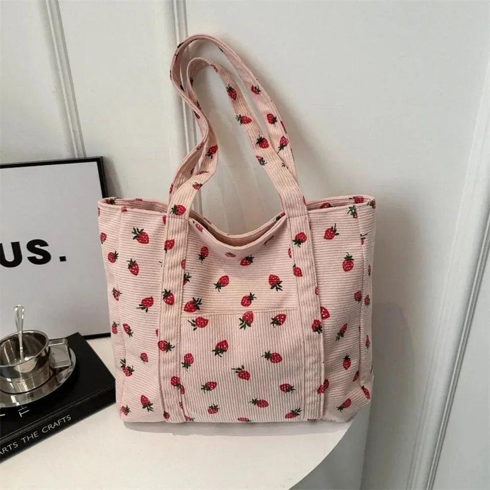 Corduroy Strawberries Beach Tote – Large Capacity Women’s Shoulder Bag