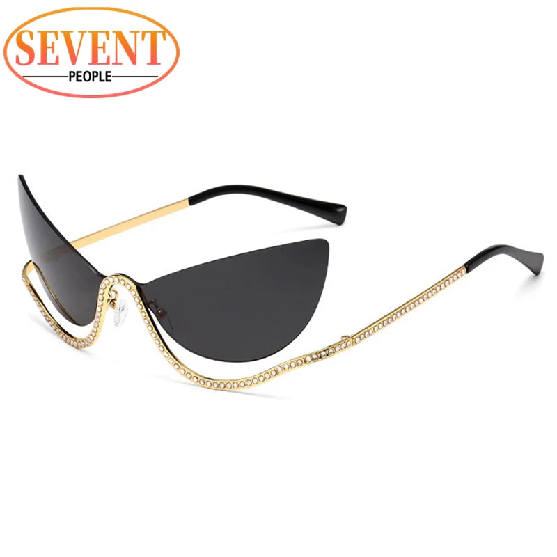 SEVENT PEOPLE Luxury Cat Eye Rhinestone Rimless Sunglasses