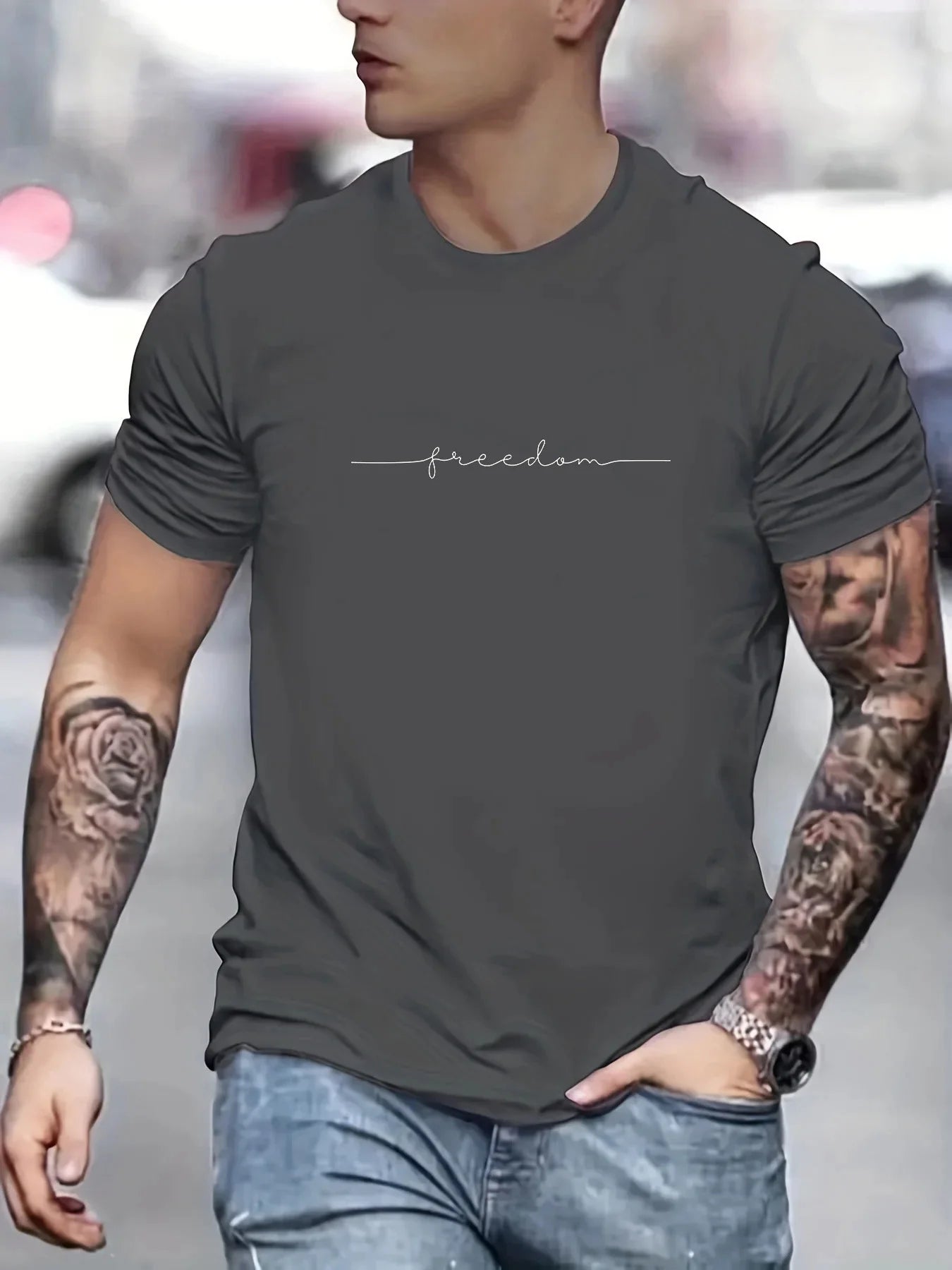 Men’s Summer Cotton T-Shirt – Freedom Graphic Print, Casual Round Neck