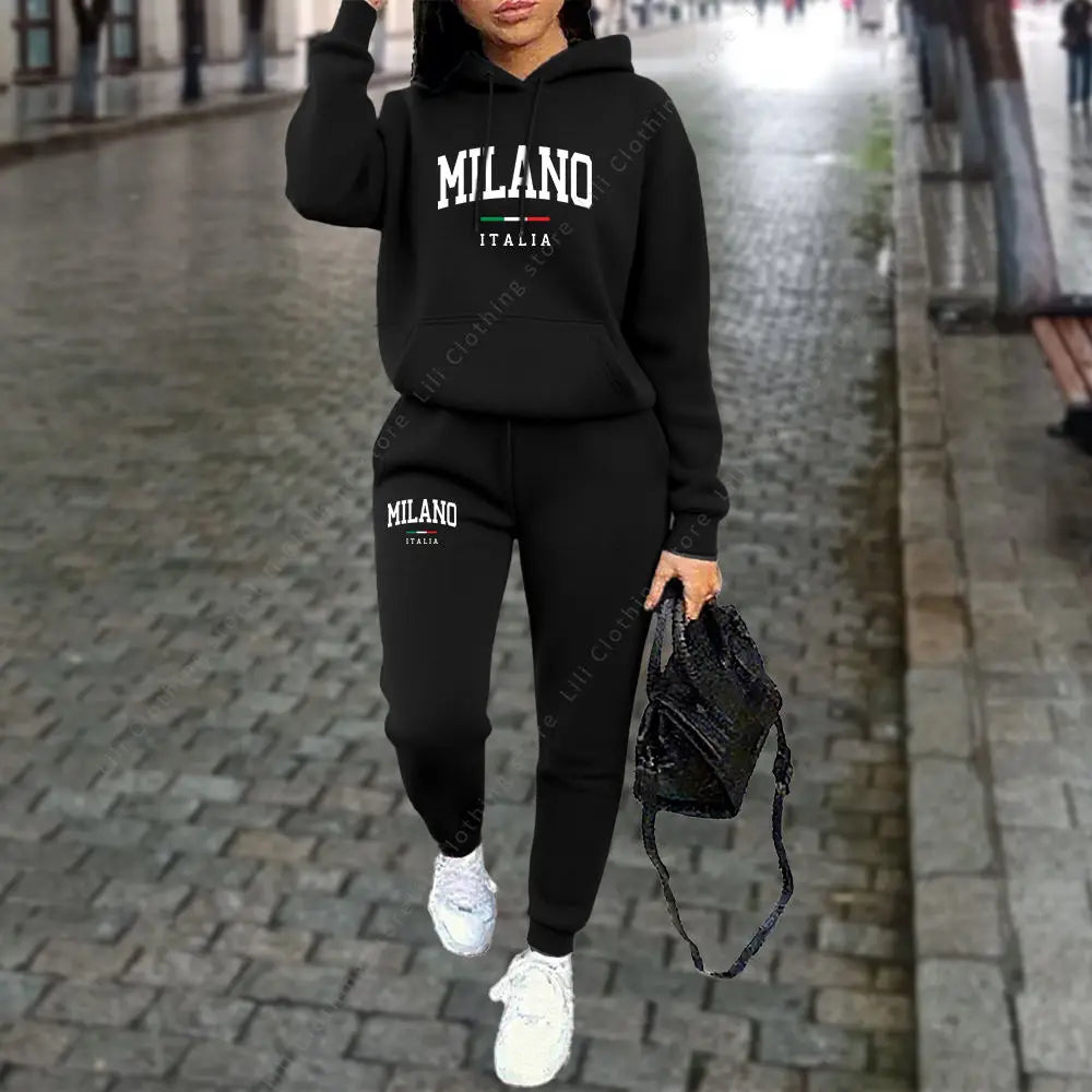 Autumn/Winter 2025 Women’s 2-Piece Hoodie &amp; Pants Set – MILANO Letter Print