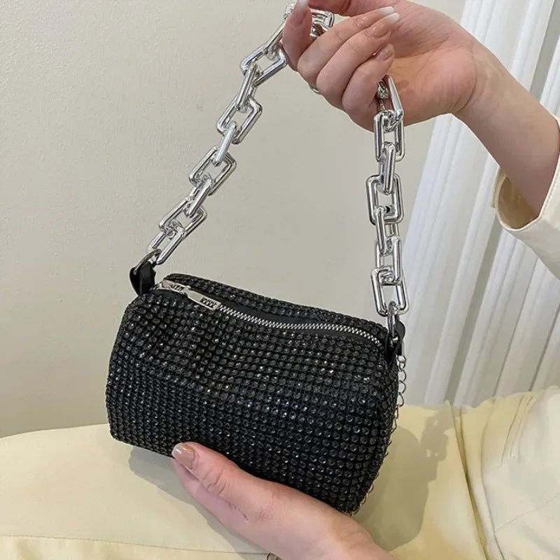 Allover Rhinestone Bucket Bag – Glitter Chain Mini Purse for Women