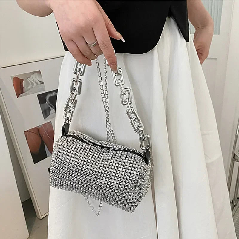 Allover Rhinestone Bucket Bag – Glitter Chain Mini Purse for Women