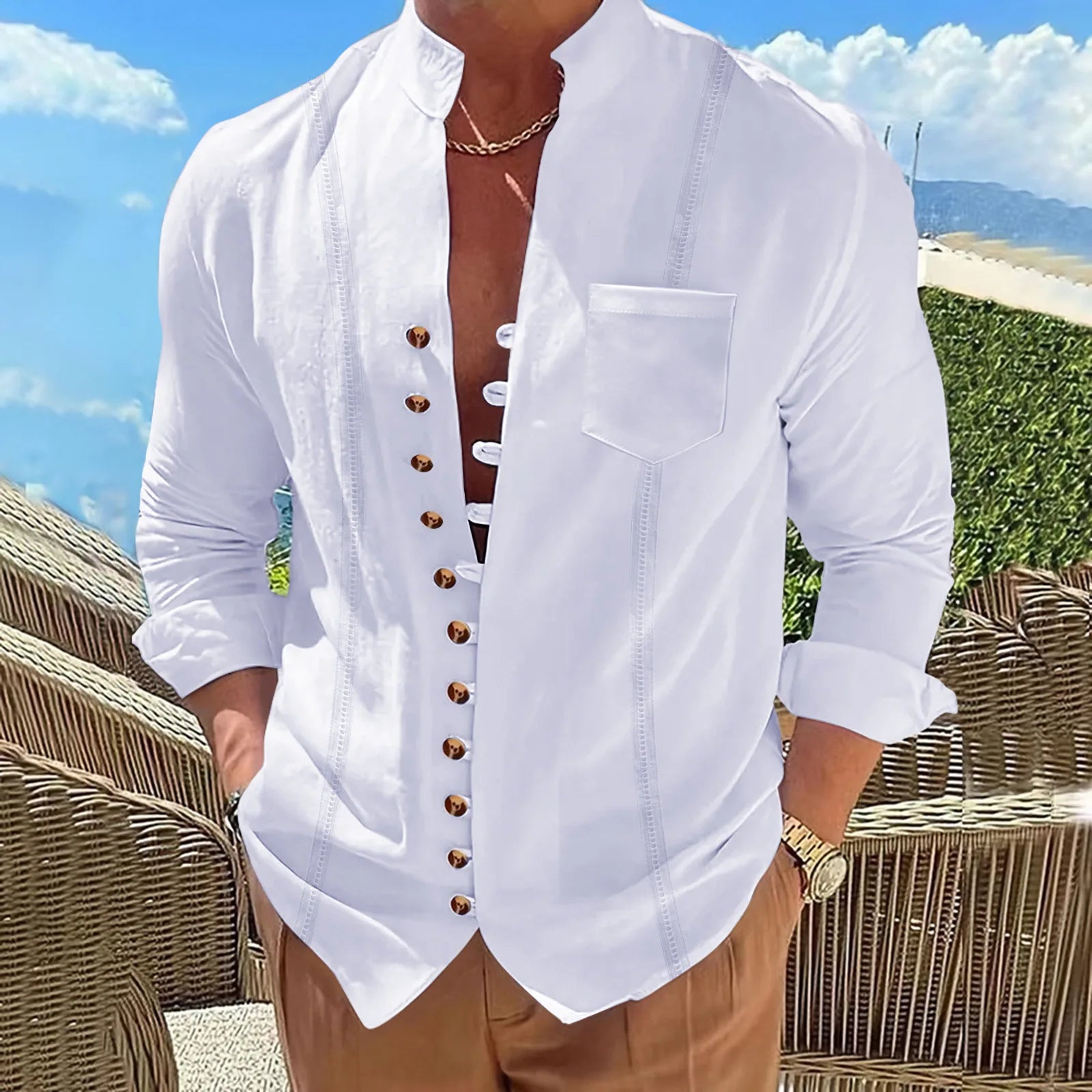 Men’s Cotton and Linen Retro Stand-Up Collar Long-Sleeve Shirt