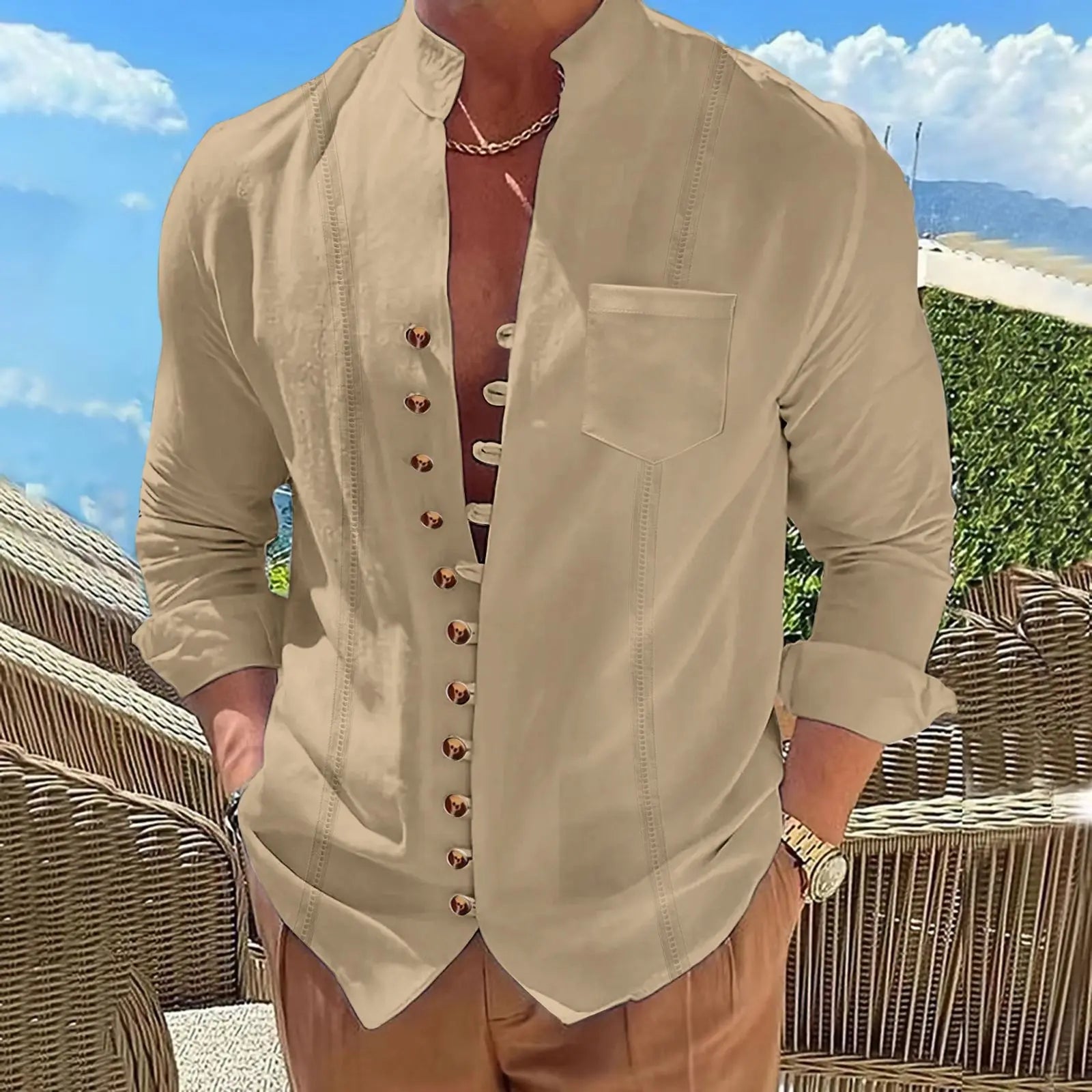 Men’s Cotton and Linen Retro Stand-Up Collar Long-Sleeve Shirt