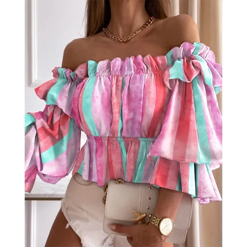 Spring Summer Women's Fashion Leisure Shirt Print Stacked Sleeve Middle Sleeve Shirt One Line Neck Off Shoulder Pleated Shirt