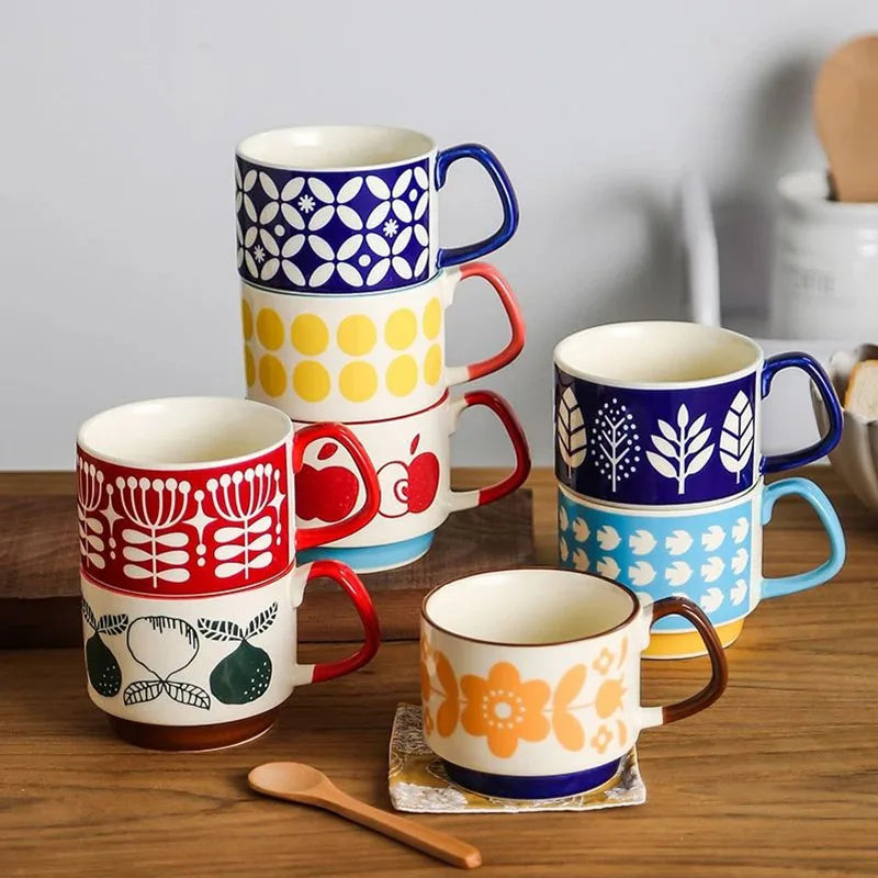 Japanese Flower Ceramic Mug Set – Retro Coffee & Milk Cups