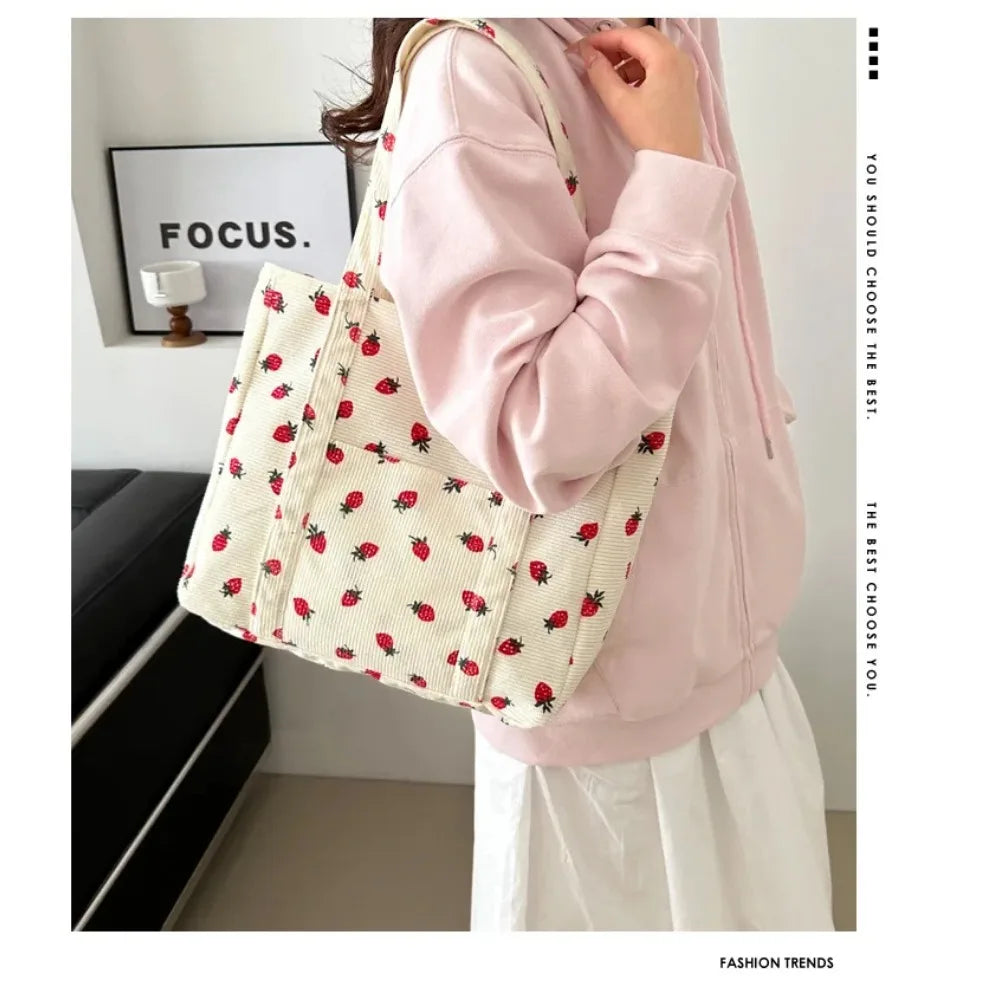 Corduroy Strawberries Beach Tote – Large Capacity Women’s Shoulder Bag