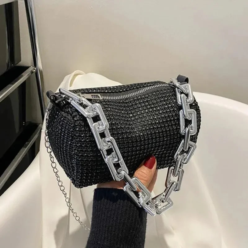 Allover Rhinestone Bucket Bag – Glitter Chain Mini Purse for Women