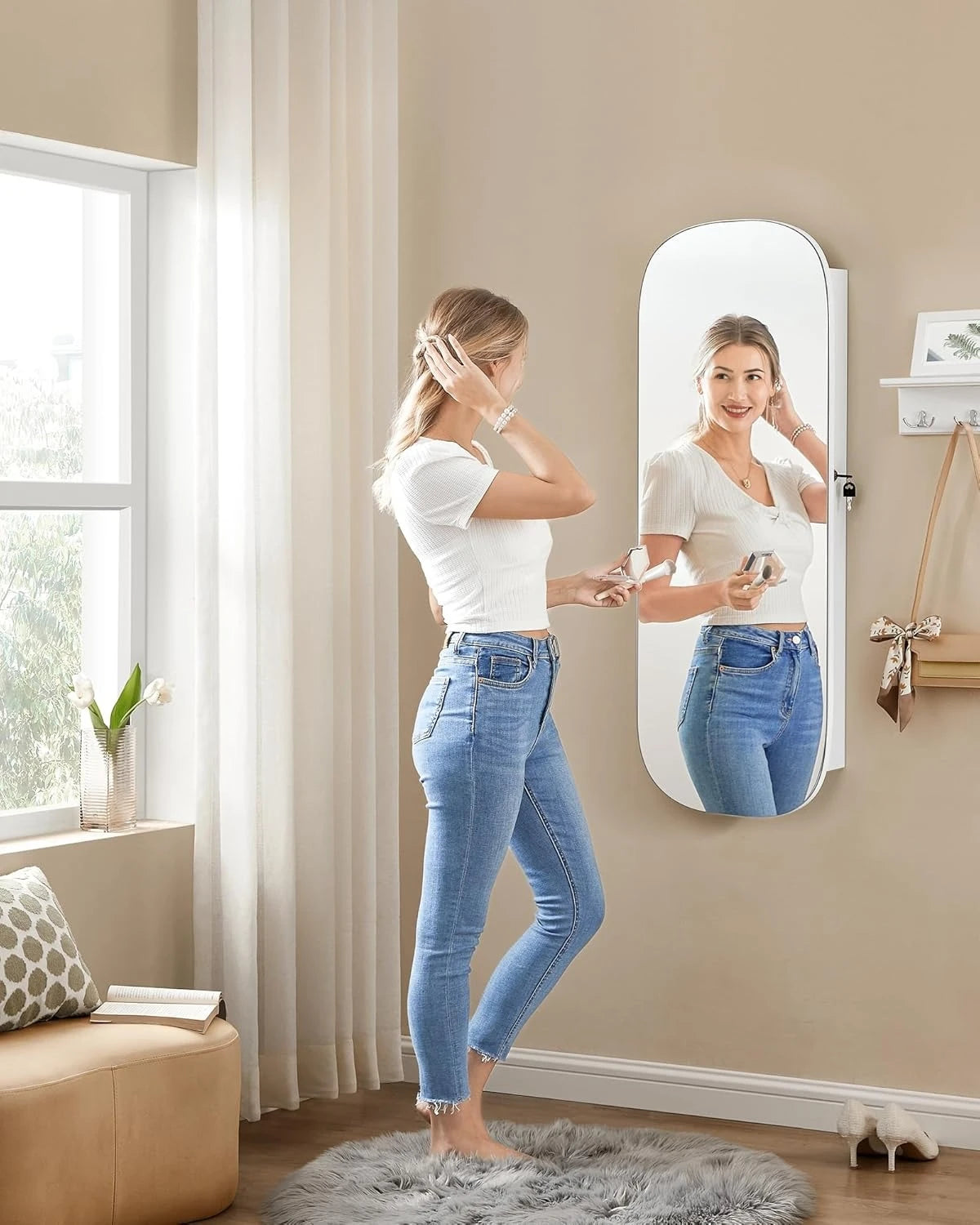 LED Jewelry Cabinet with Wall Mirror and Lock