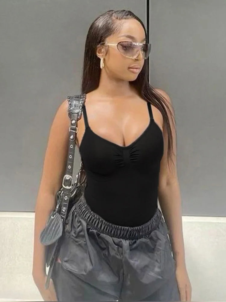 Sweetown Shirred Black Bodysuit – Sleek Summer Essential