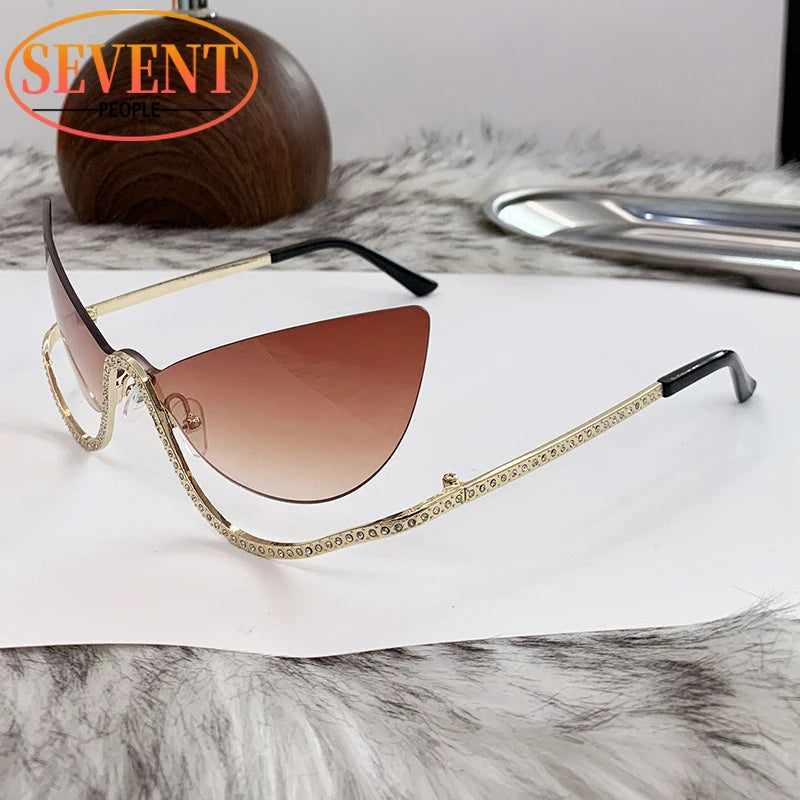 SEVENT PEOPLE Luxury Cat Eye Rhinestone Rimless Sunglasses