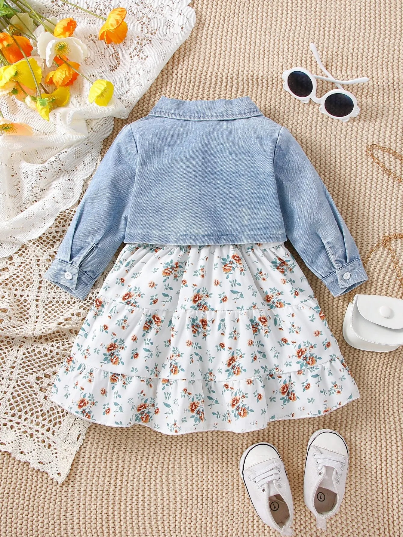 Baby Girls 2-Piece Denim Coat & Floral Slip Dress – Spring & Autumn Casual Outfit