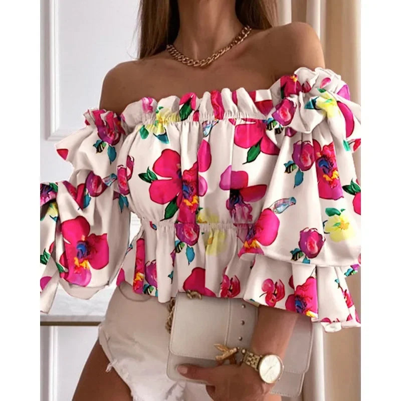 Spring Summer Women's Fashion Leisure Shirt Print Stacked Sleeve Middle Sleeve Shirt One Line Neck Off Shoulder Pleated Shirt