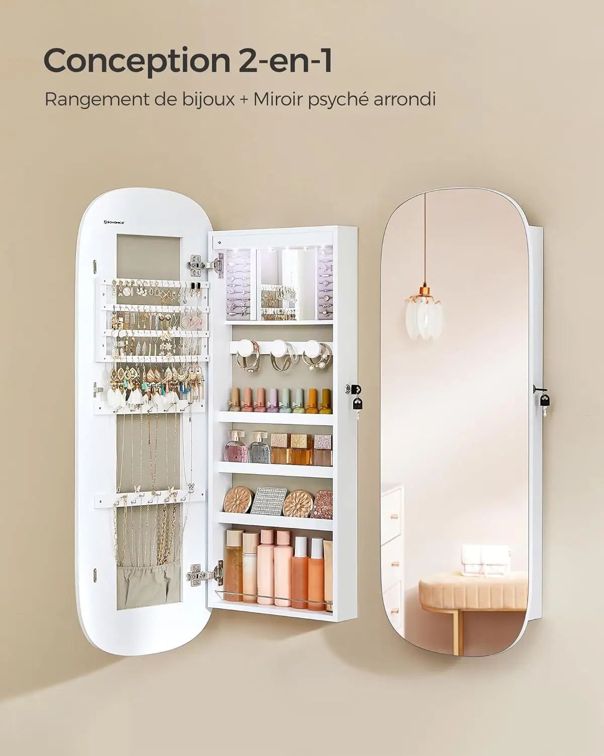 LED Jewelry Cabinet with Wall Mirror and Lock