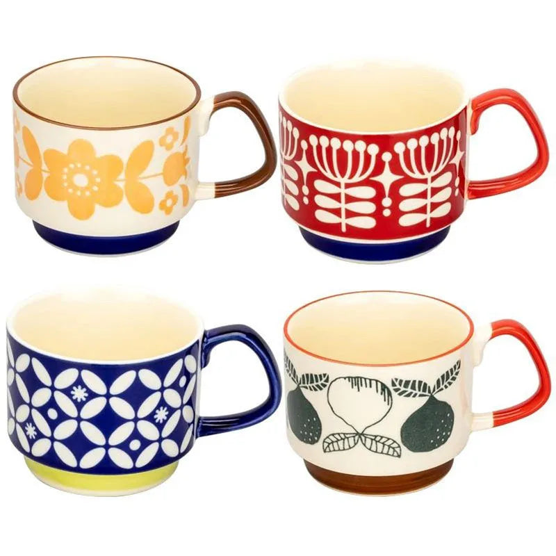 Japanese Flower Ceramic Mug Set – Retro Coffee & Milk Cups