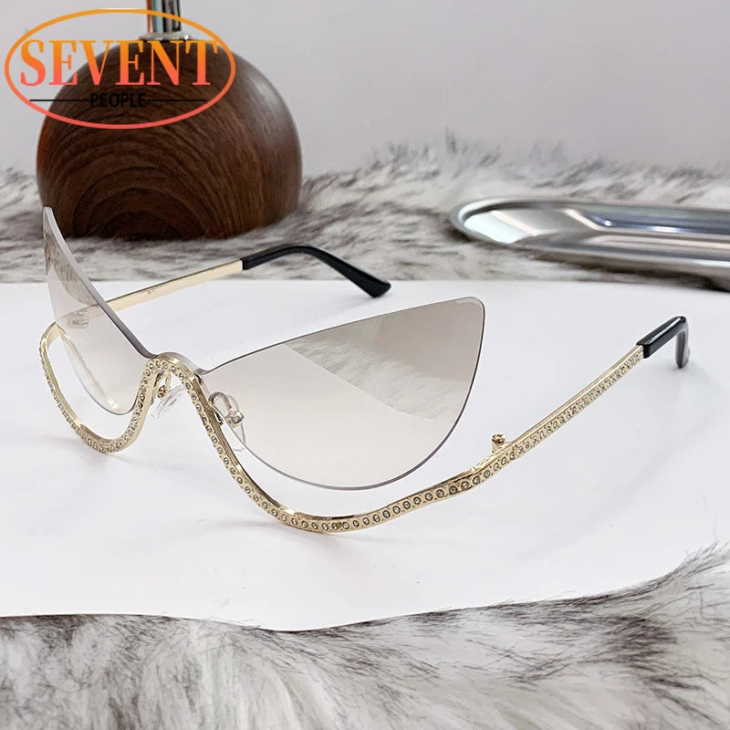 SEVENT PEOPLE Luxury Cat Eye Rhinestone Rimless Sunglasses