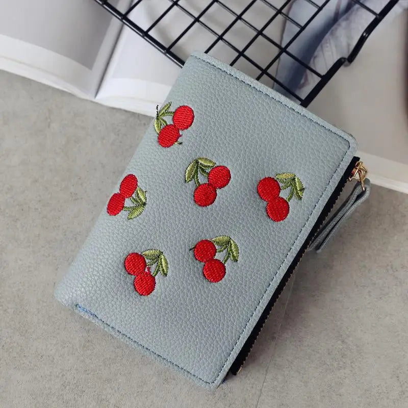 Women’s Cherry Embroidered Vertical Buckle Short Wallet – Small Zipper Purse