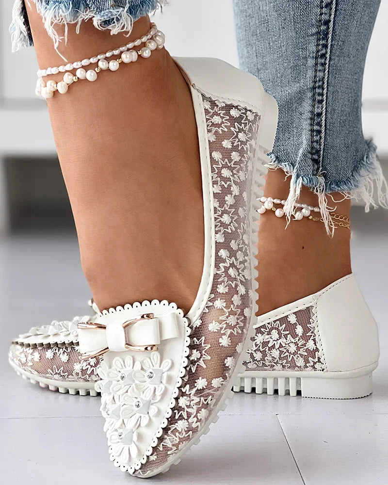 Summer Floral Embroidered Bow Loafers for Women