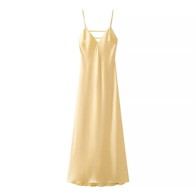 TRAFZA Summer Satin V-Neck Maxi Dress – Elegant Holiday Style
