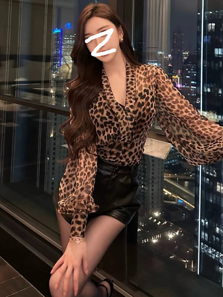 CHUJIE Leopard Print Sheer V-Neck Blouse – Wild Elegance
