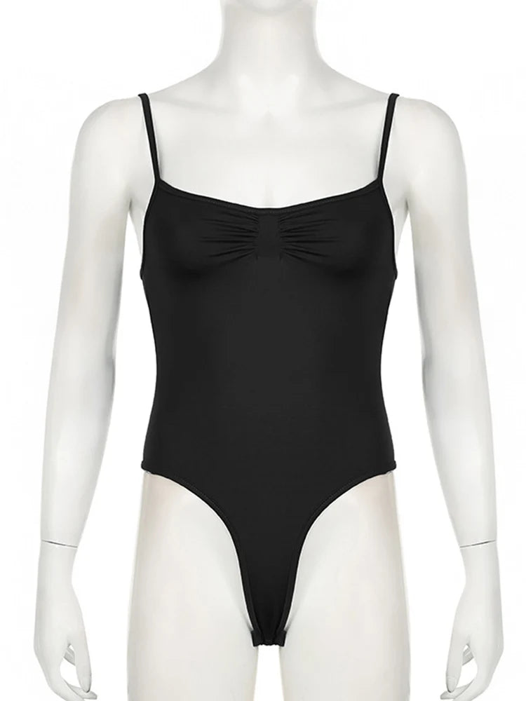 Sweetown Shirred Black Bodysuit – Sleek Summer Essential