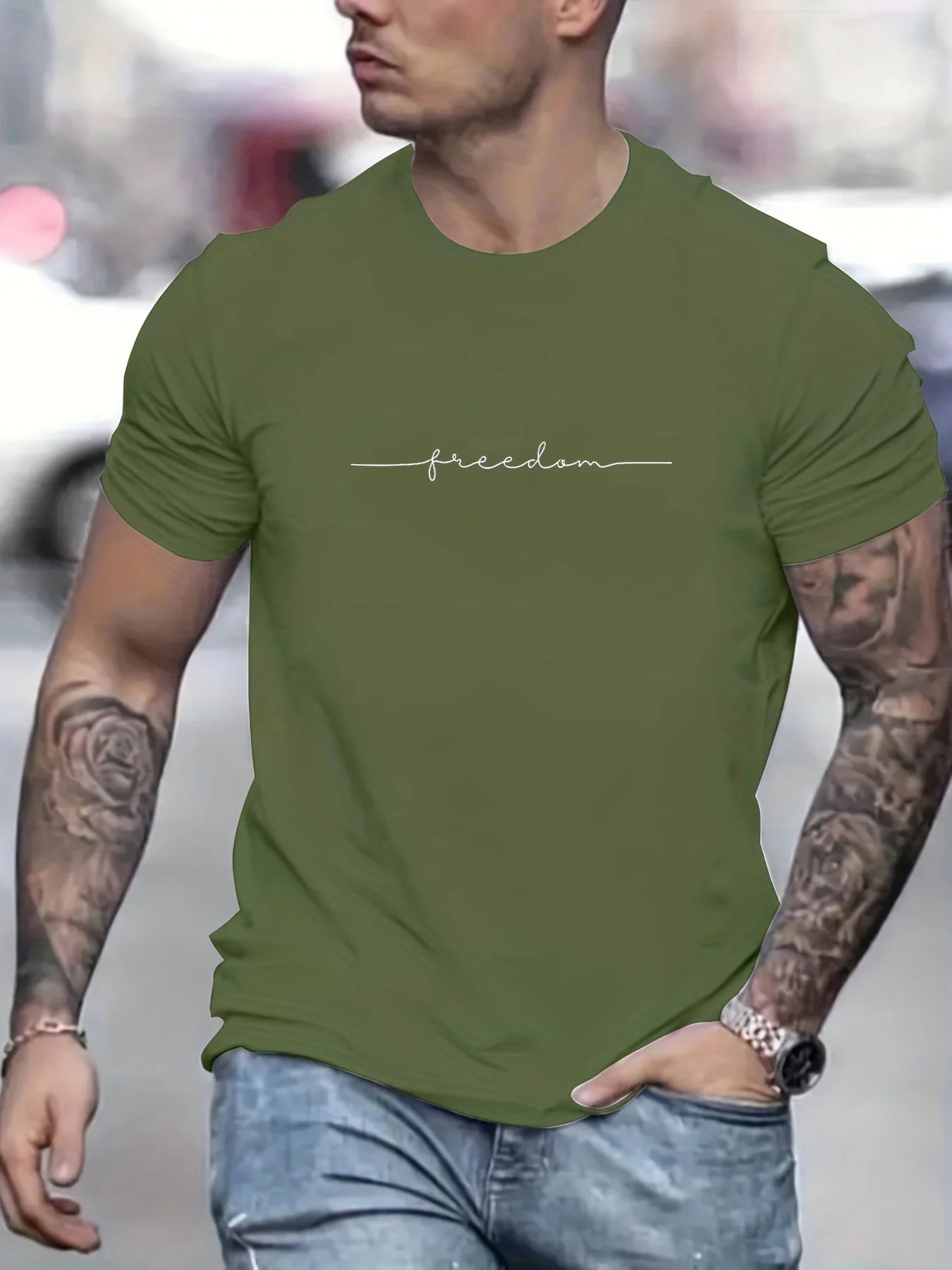 Men’s Summer Cotton T-Shirt – Freedom Graphic Print, Casual Round Neck