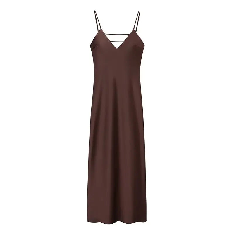 TRAFZA Summer Satin V-Neck Maxi Dress – Elegant Holiday Style