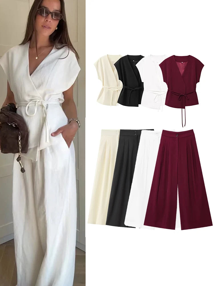 TFMLN Women’s Sleeveless V-Neck Trouser Suit with Belt