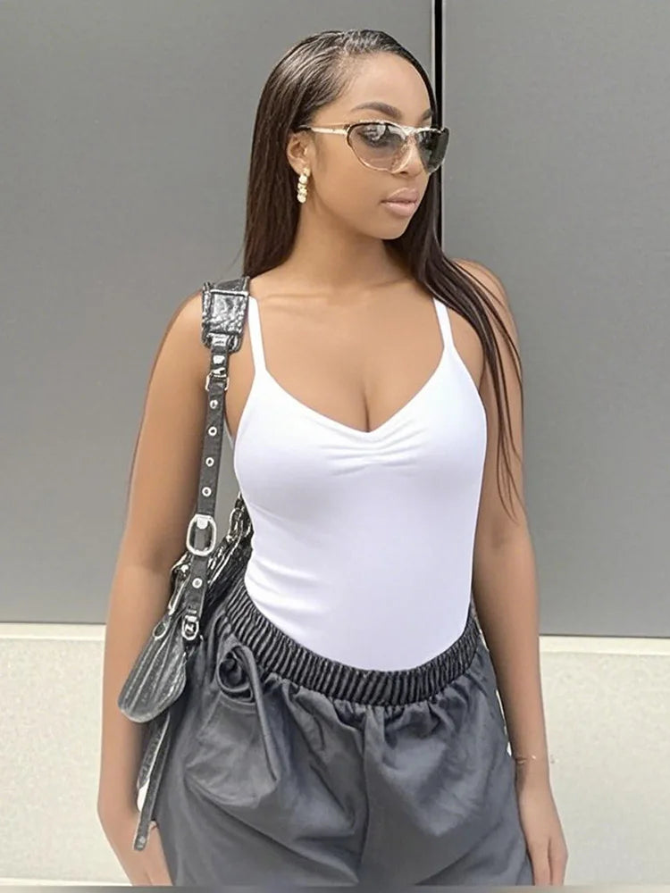 Sweetown Shirred Black Bodysuit – Sleek Summer Essential