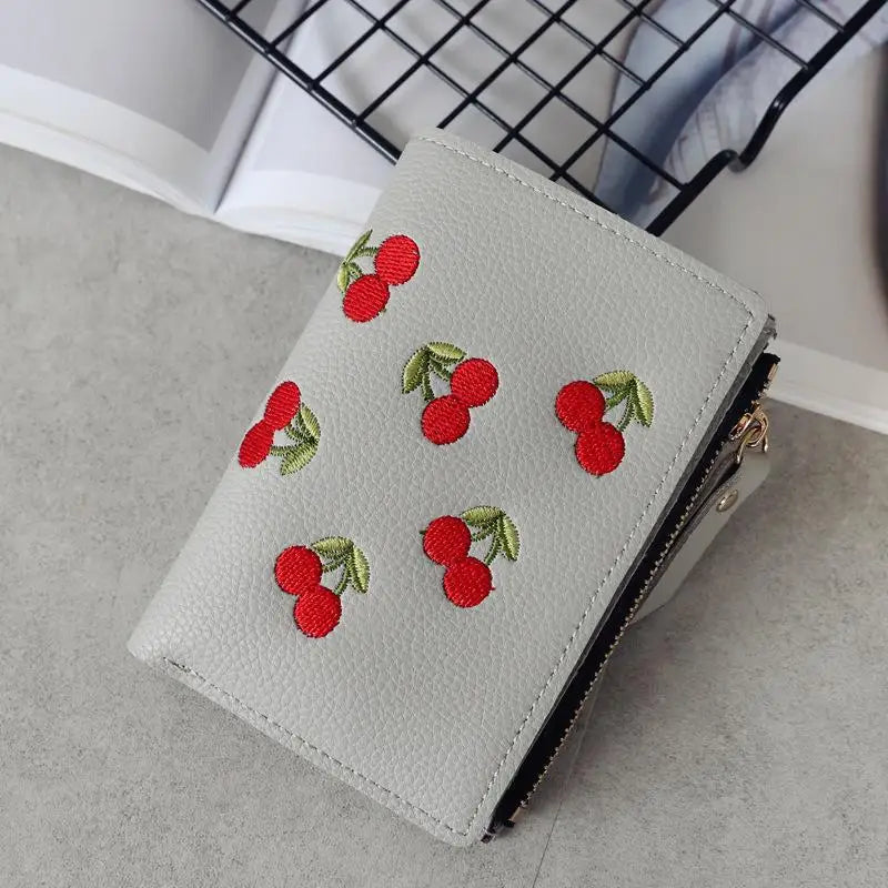 Women’s Cherry Embroidered Vertical Buckle Short Wallet – Small Zipper Purse
