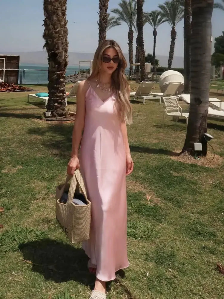 TRAFZA Summer Satin V-Neck Maxi Dress – Elegant Holiday Style