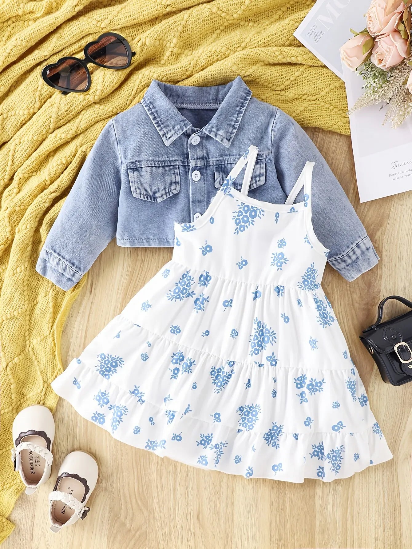 Baby Girls 2-Piece Denim Coat & Floral Slip Dress – Spring & Autumn Casual Outfit