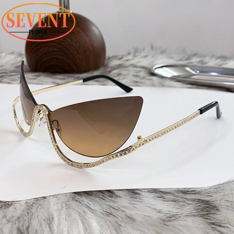 SEVENT PEOPLE Luxury Cat Eye Rhinestone Rimless Sunglasses
