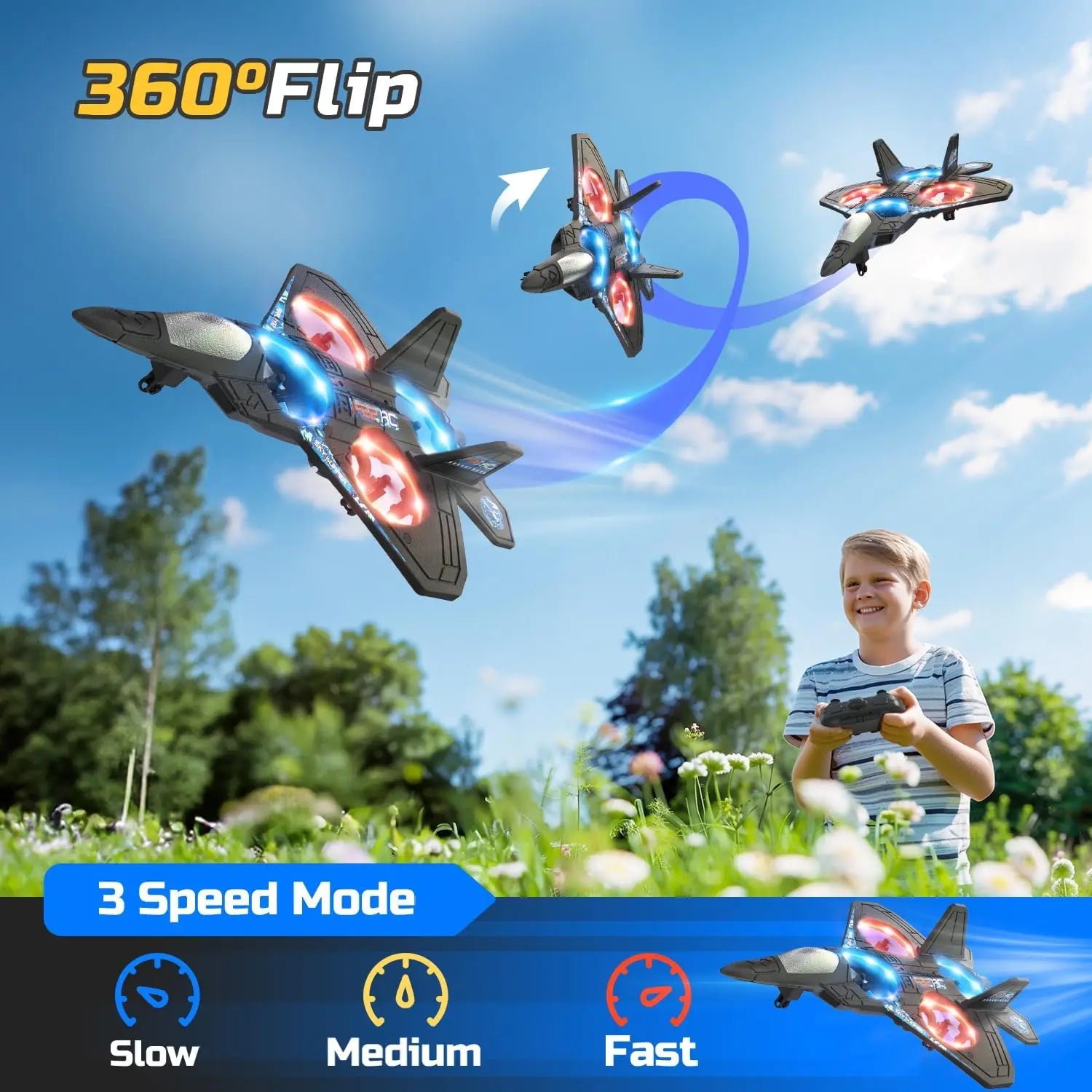 Foam RC Airplane for Kids & Beginners – Fighter Jet with Lights, Auto Hover & 360° Flips