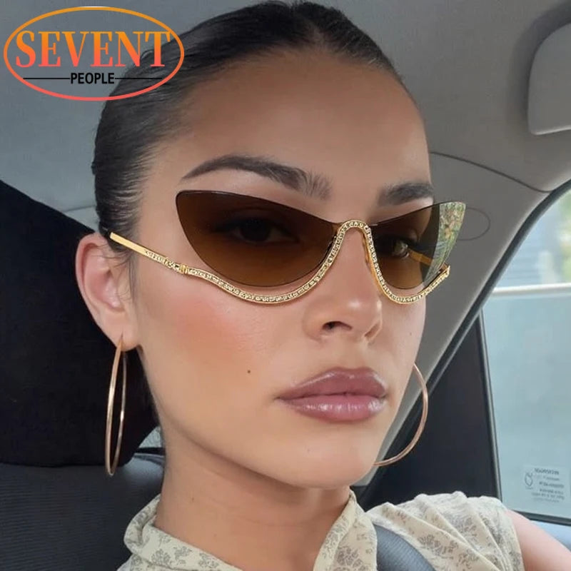 SEVENT PEOPLE Luxury Cat Eye Rhinestone Rimless Sunglasses