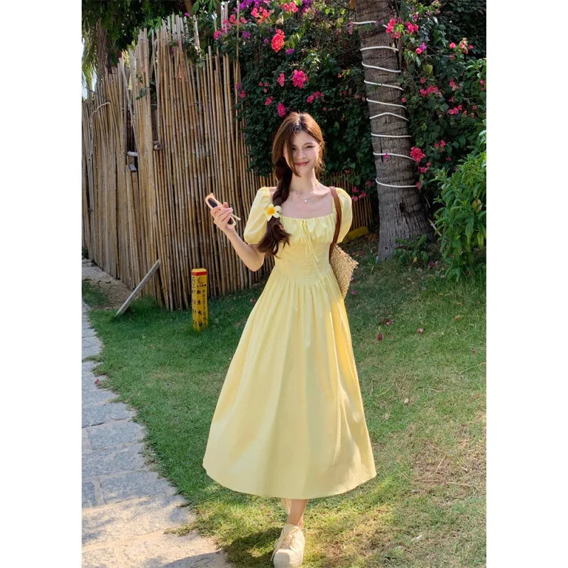 Y2K Summer Fold Yellow Dress