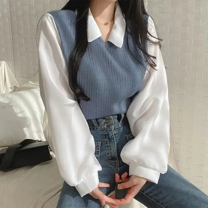 Women’s Korean Style Polo Collar Blouse – Elegant Patchwork Design