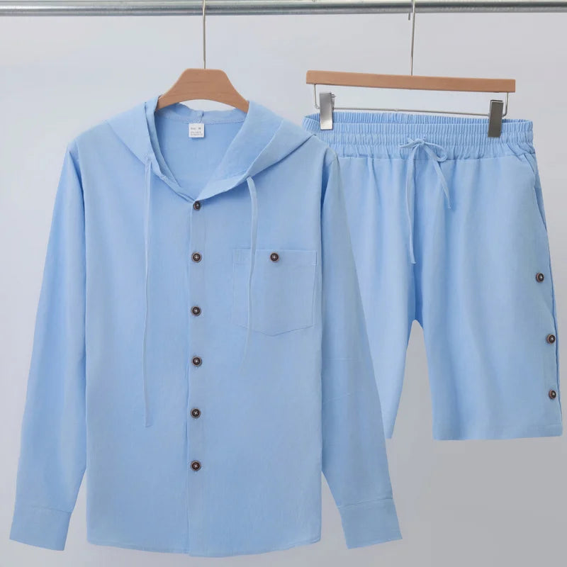 Men’s Summer Linen Hooded Shirt & Shorts Set