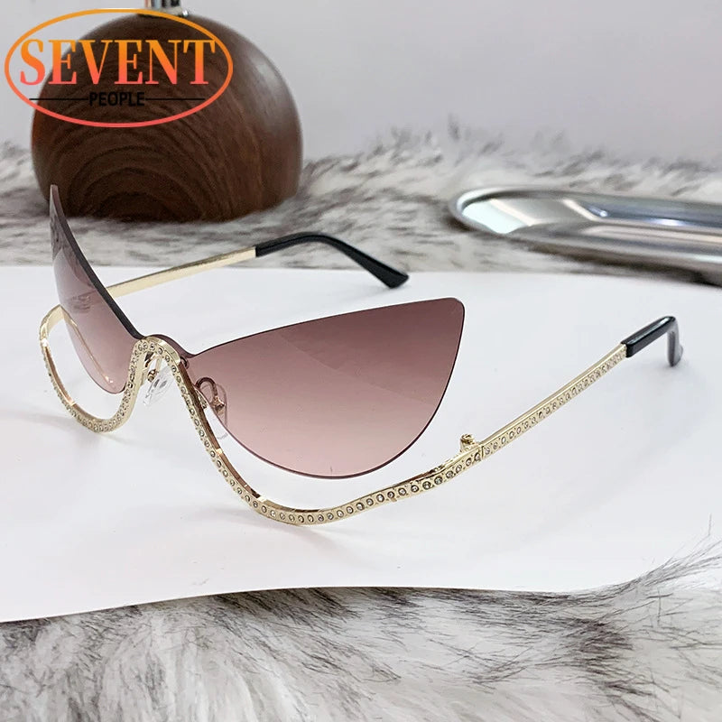 SEVENT PEOPLE Luxury Cat Eye Rhinestone Rimless Sunglasses