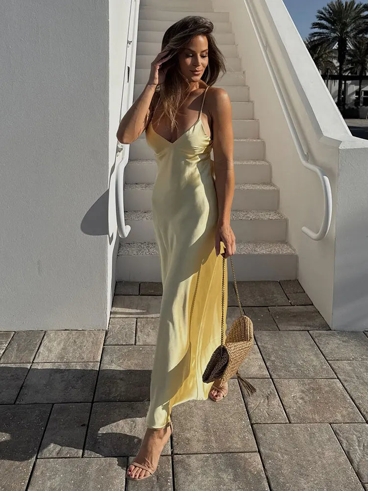TRAFZA Summer Satin V-Neck Maxi Dress – Elegant Holiday Style