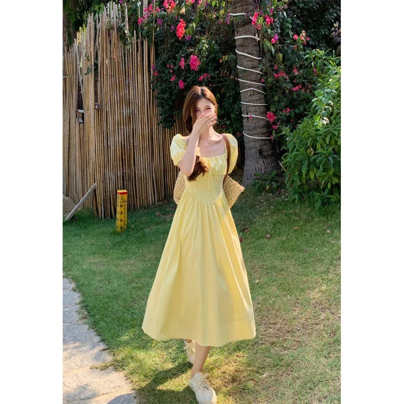Y2K Summer Fold Yellow Dress