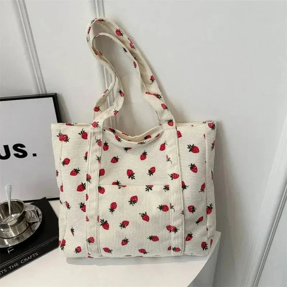 Corduroy Strawberries Beach Tote – Large Capacity Women’s Shoulder Bag