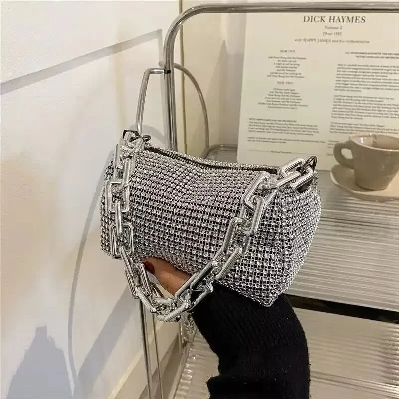 Allover Rhinestone Bucket Bag – Glitter Chain Mini Purse for Women