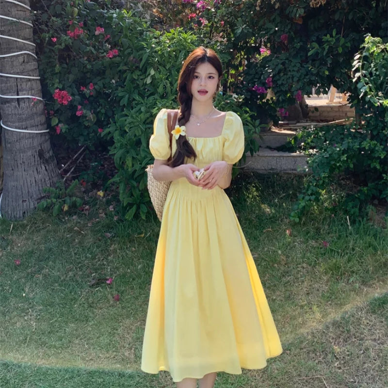 Y2K Summer Fold Yellow Dress